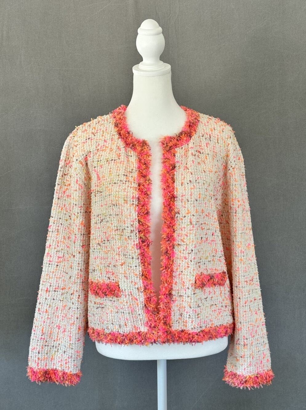 Zara Neon Tweed Jacket Open Front Boucle Pink Orange Fringe Trim L